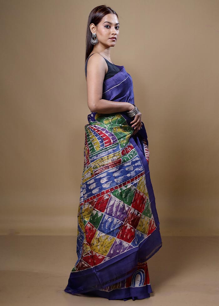 Blue Printed Pure Silk Saree Without Blouse Piece Clearance Manchester Great Sale