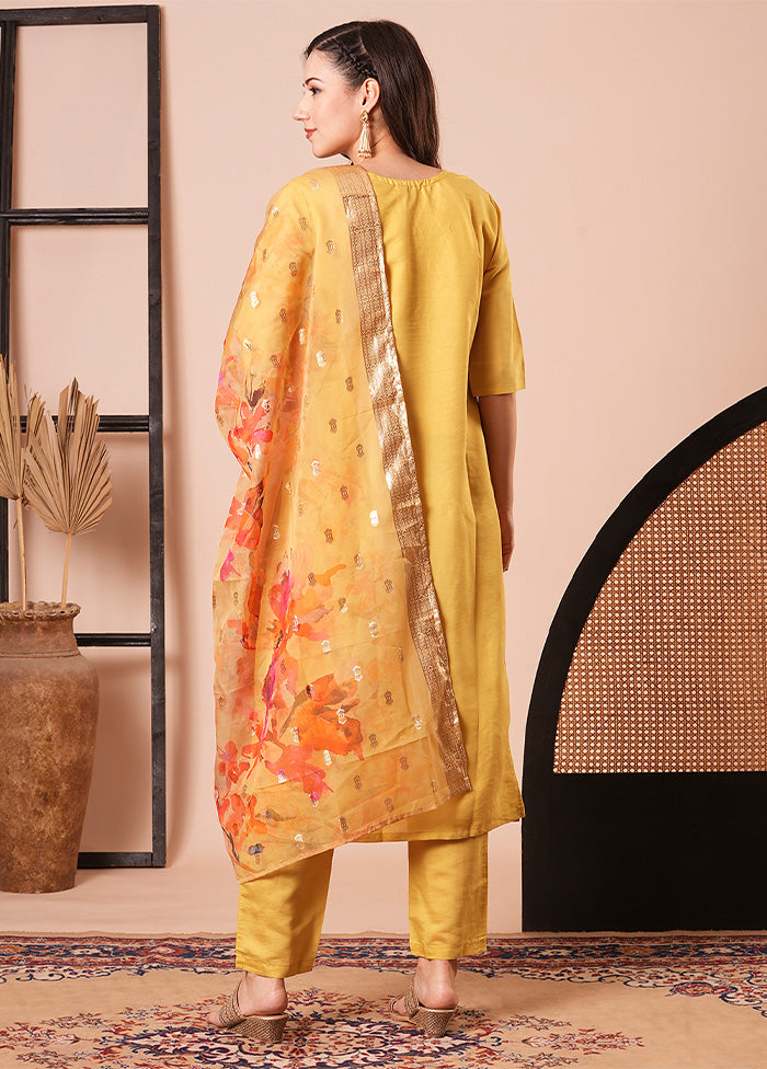 3 Pc Yellow Readymade Chanderi Dupatta Suit Set Buy Cheap Outlet Locations