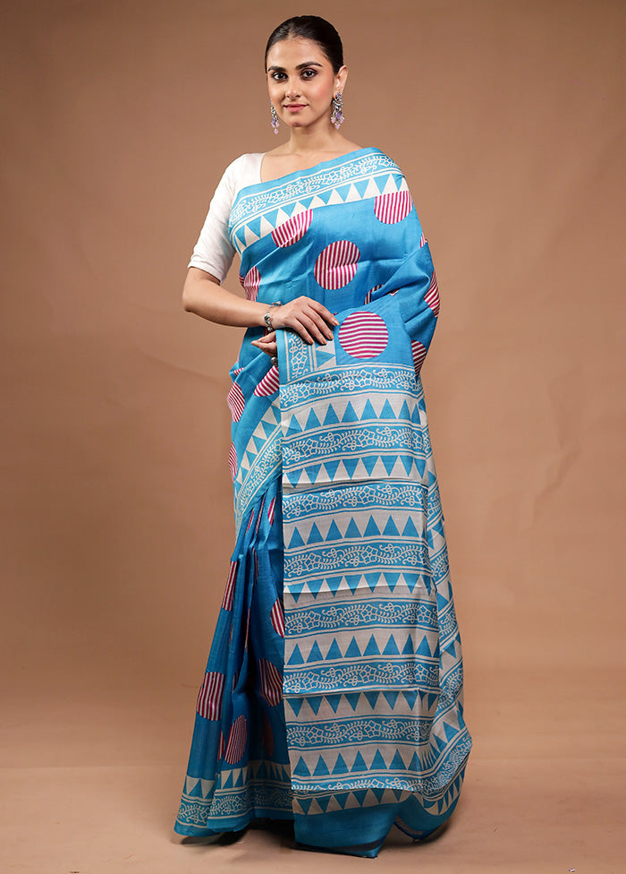 Blue Printed Pure Silk Saree Without Blouse Piece Buy Cheap Clearance