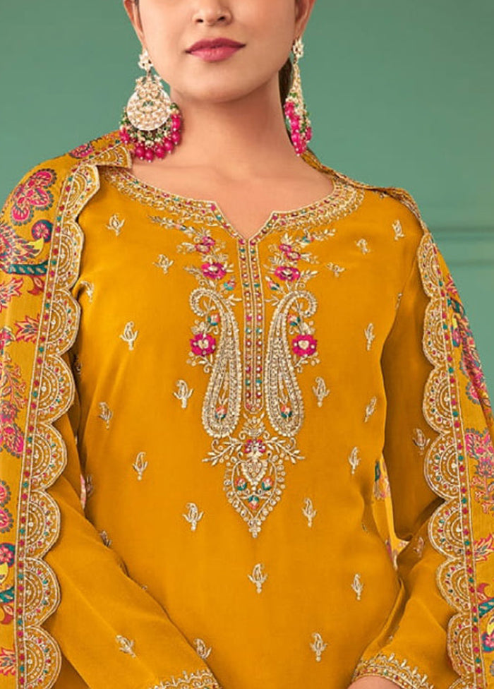 3 Pc Mustard Semi Stitched Georgette Suit Set Discount 2025 Newest