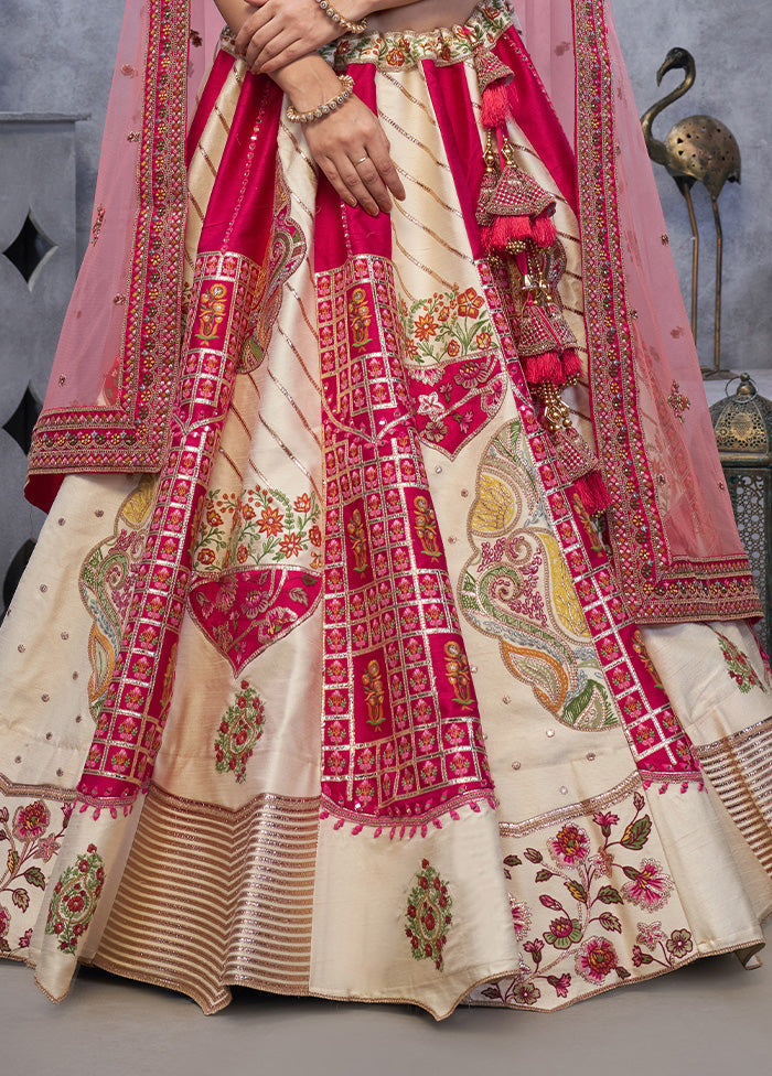 3 Pc Cream Pure Silk Semi Stitched Lehenga Set Clearance Purchase