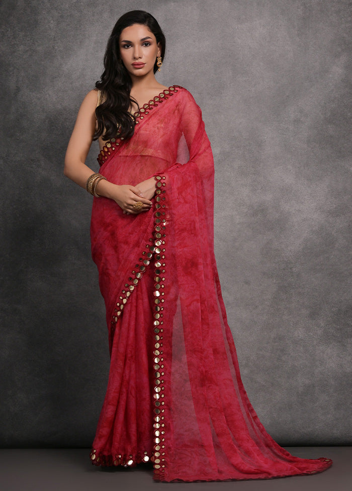 Pink Chiffon Silk Saree With Blouse Piece Free Shipping Low Pice Fee Shipping