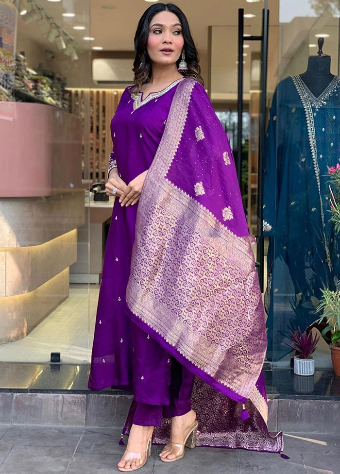 3 Pc Purple Readymade Silk Suit Set Buy Cheap Browse