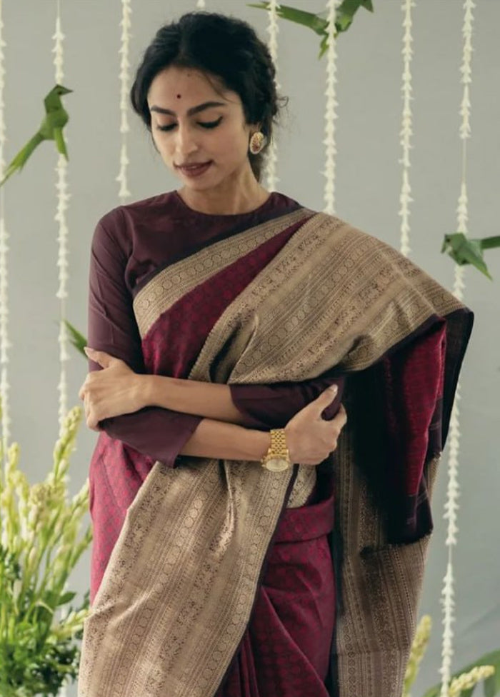 Wine Banarasi Silk Saree With Blouse Piece Ost Release Dates