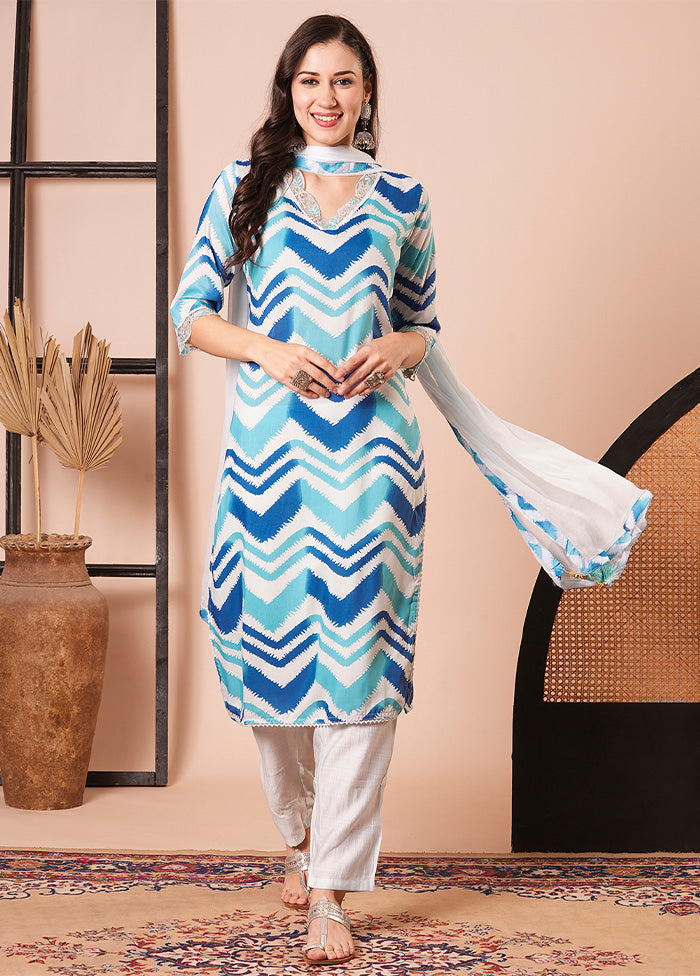 3 Pc Blue Readymade Silk Dupatta Suit Set Popular Online