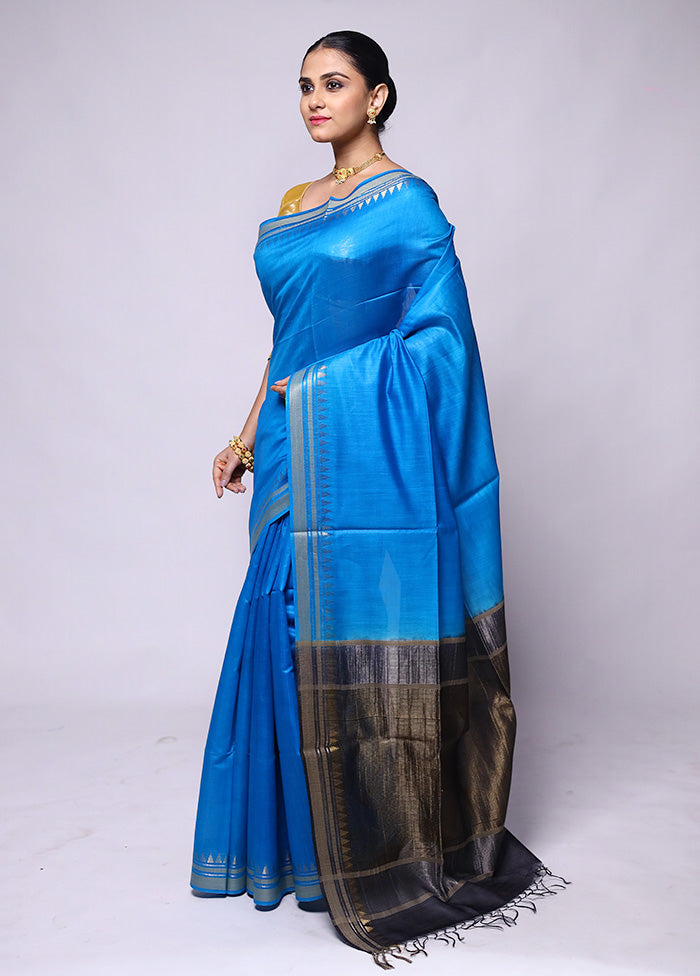 Blue Handloom Tussar Pure Silk Saree With Blouse Piece Clearance High Quality