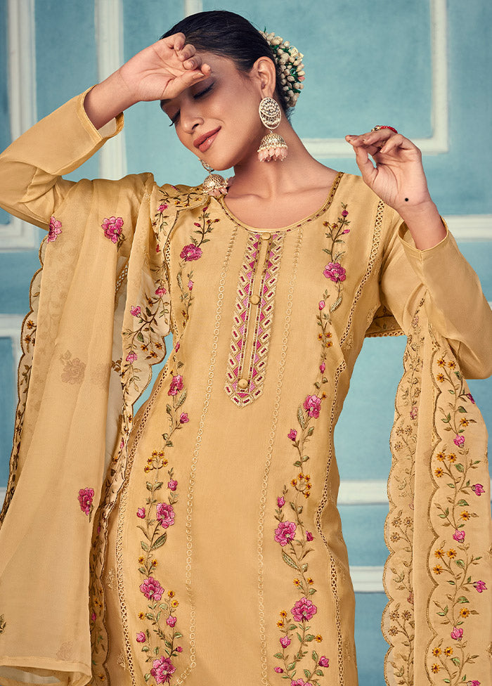 3 Pc Yellow Unstitched Net Suit Set For Cheap