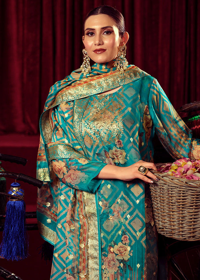 3 Pc Turquoise Unstitched Net Suit Set Fashionable Online