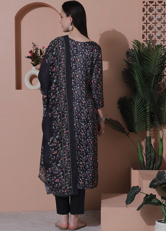 3 Pc Black Semi Stitched Silk Suit Set Cheap Pictures