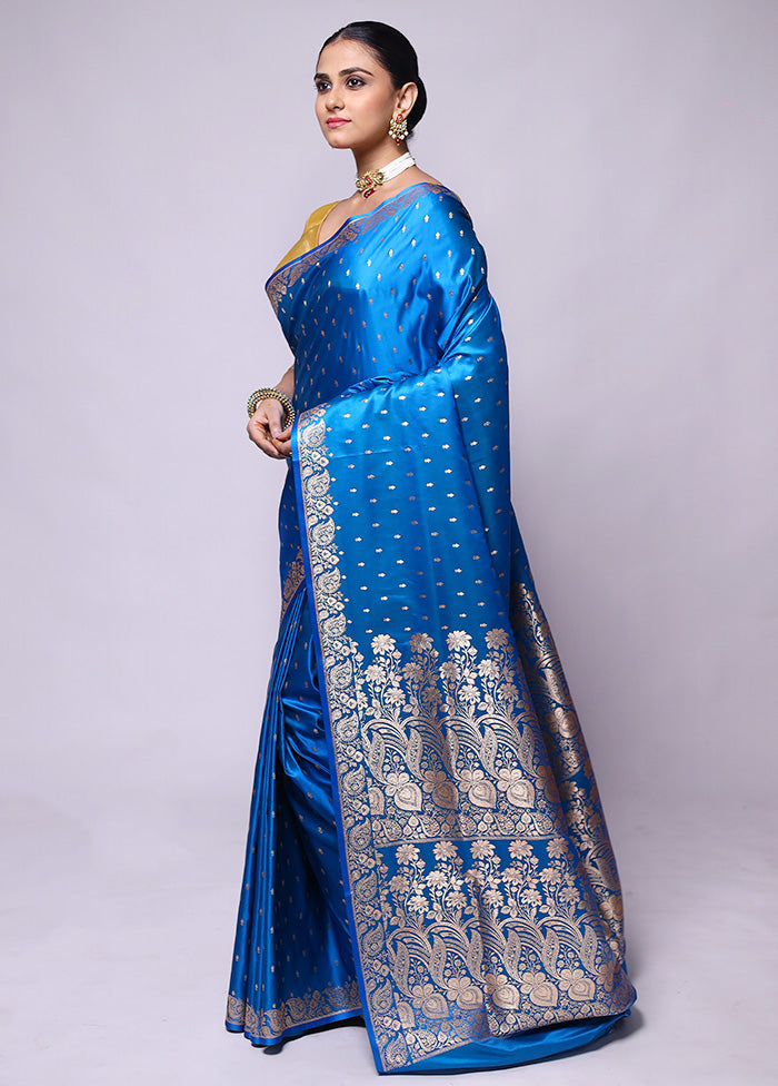 Blue Banarasi Silk Saree With Blouse Piece Sale Official