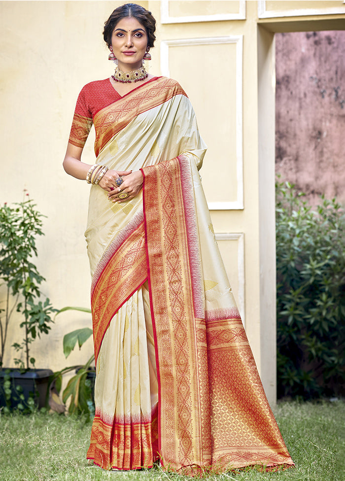 Cream Dupion Silk Saree With Blouse Piece Cheap View