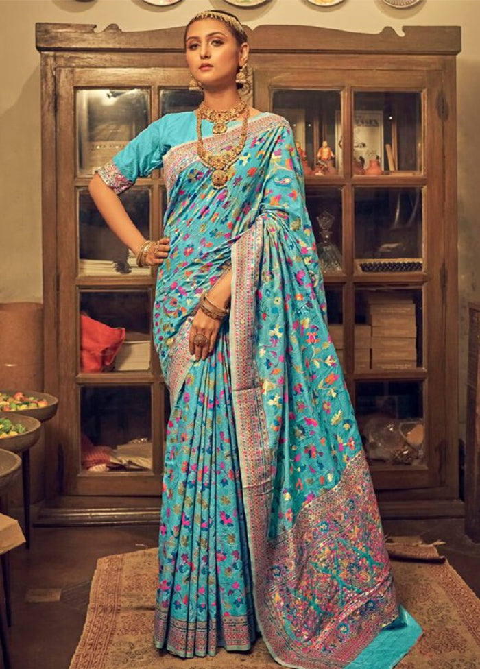 Sky Blue Banarasi Silk Saree With Blouse Piece Sale Geniue Stockist