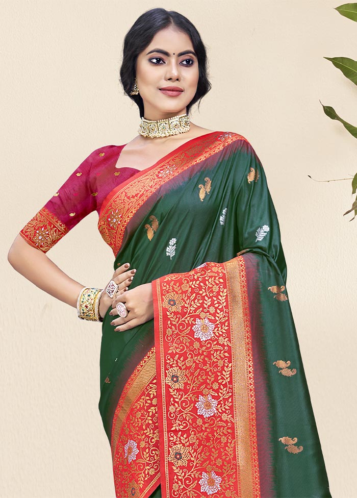 Bottle Green Dupion Silk Saree With Blouse Piece Clearance 100% Guaranteed