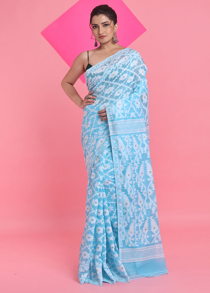 Sky Blue Cotton Woven Work Saree Without Blouse Piece Cheap Sale Huge Surprise