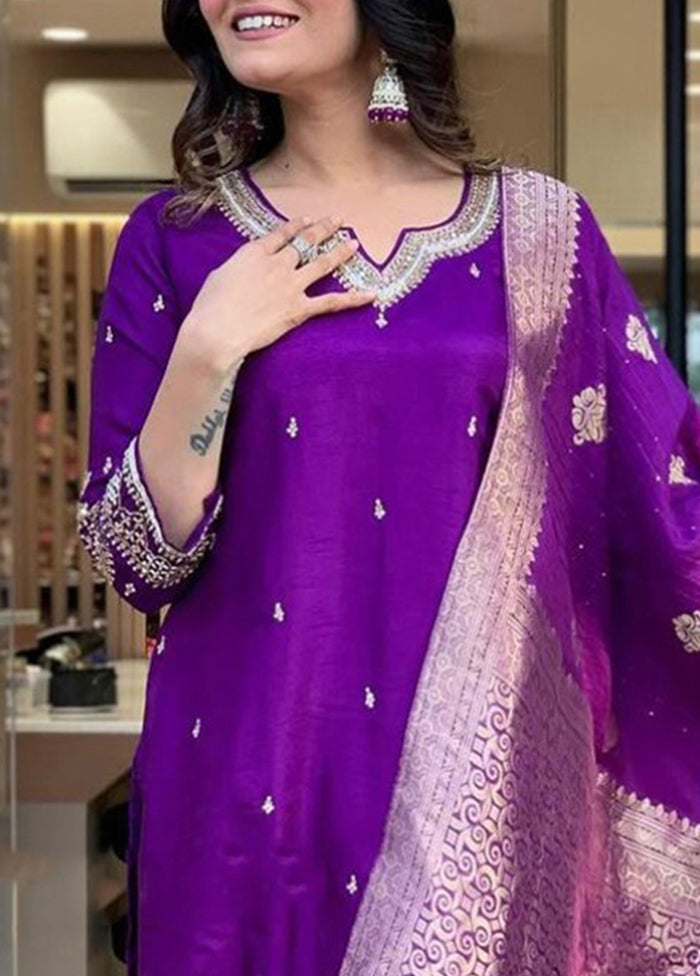 3 Pc Purple Readymade Silk Suit Set Buy Cheap Browse