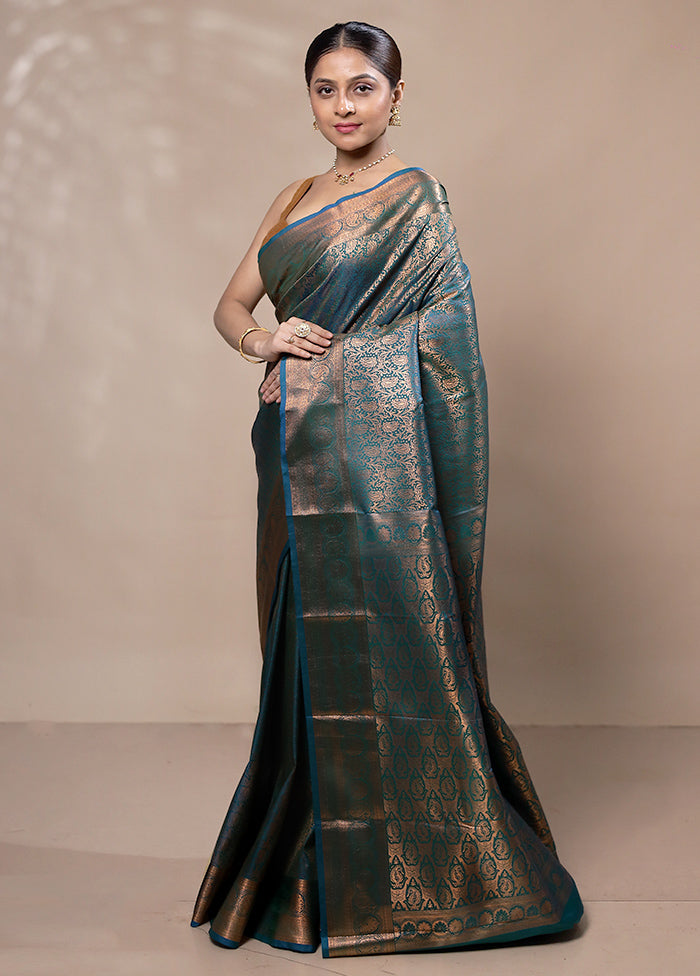 Blue Kanjivaram Silk Saree With Blouse Piece Cheap Manchester Great Sale