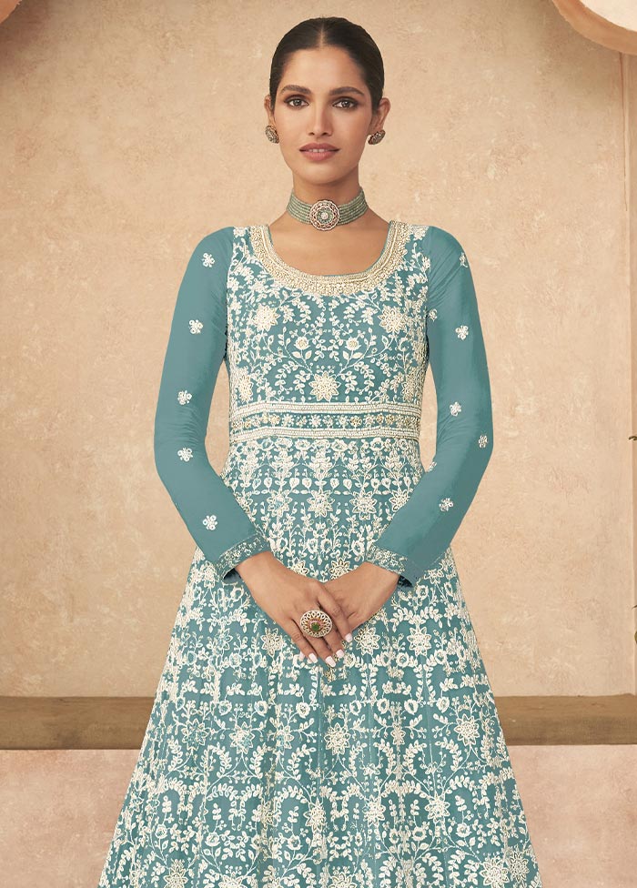 3 Pc Sky Blue Semi Stitched Georgette Suit Set Cheap Pice Buy Discount