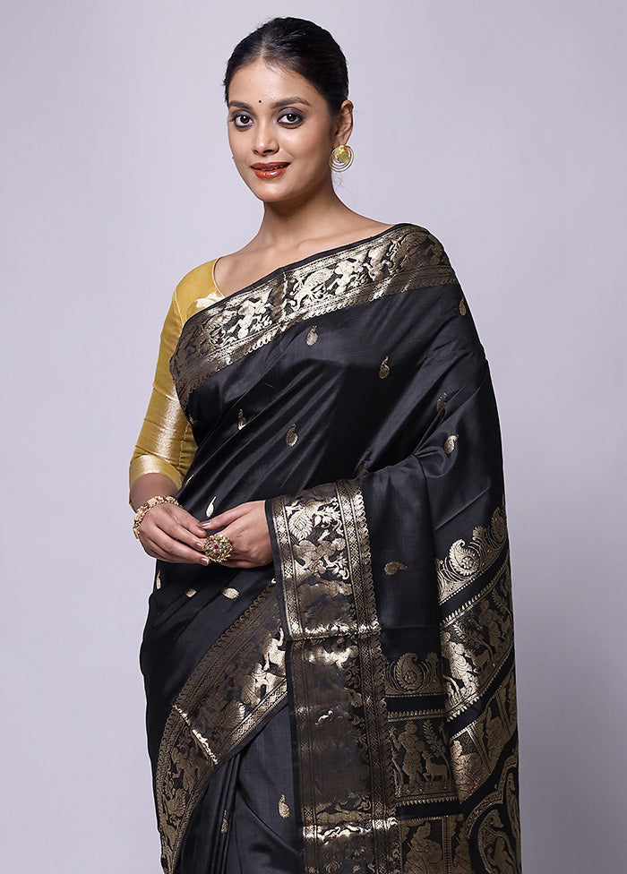 Black Handloom Baluchari Pure Silk Saree With Blouse Piece Buy Online