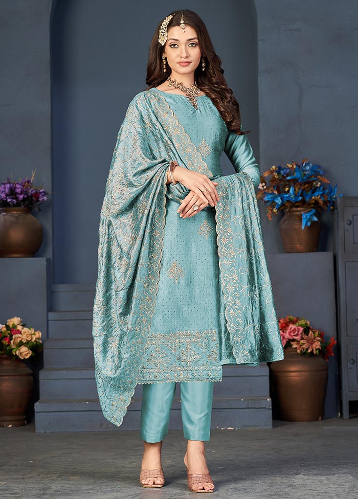 3 Pc Sky Blue Semi Stitched Georgette Suit Set Cheap Supply