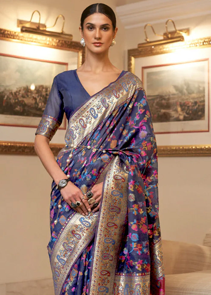 Navy Blue Banarasi Silk Saree With Blouse Piece Free Shipping High Quality