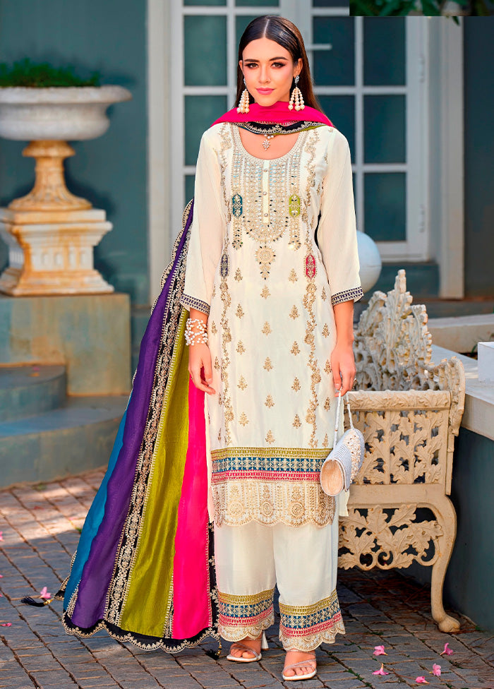 3 Pc Cream Semi Stitched Silk Suit Set Outlet Recommend