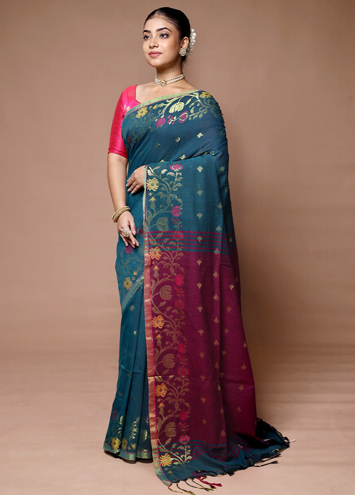 Blue Khadi Cotton Saree With Blouse Piece With Credit Card Cheap Online