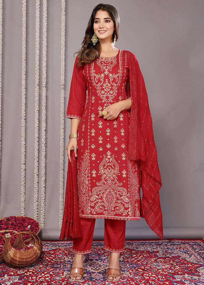 3 Pc Red Readymade Cotton Suit Set Latest Sale Online