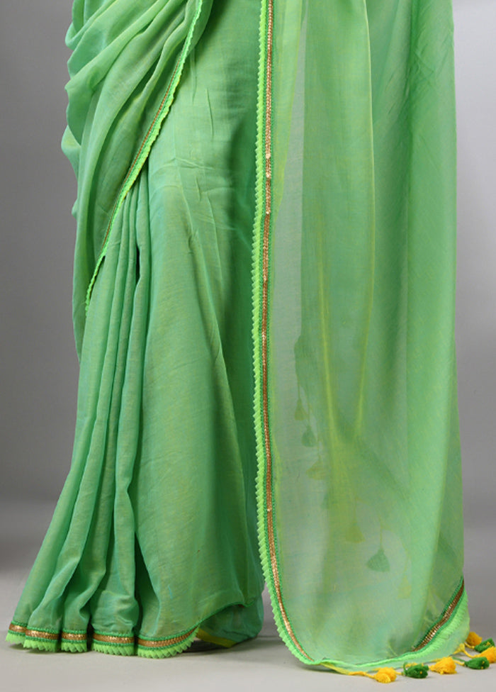 Light Green Cotton Solid Saree Without Blouse Piece Cheap Sale Low Pice Fee Shipping