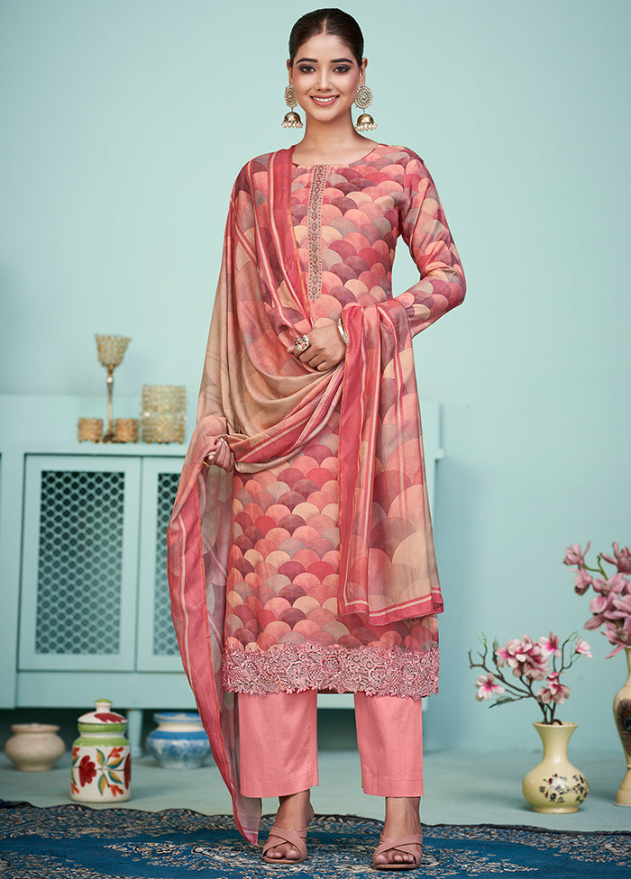 3 Pc Peach Unstitched Silk Suit Set Cheap Sale Popular