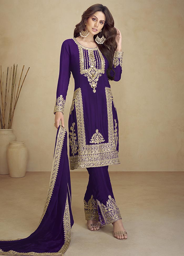 3 Pc Purple Semi Stitched Georgette Suit Set Sast Online