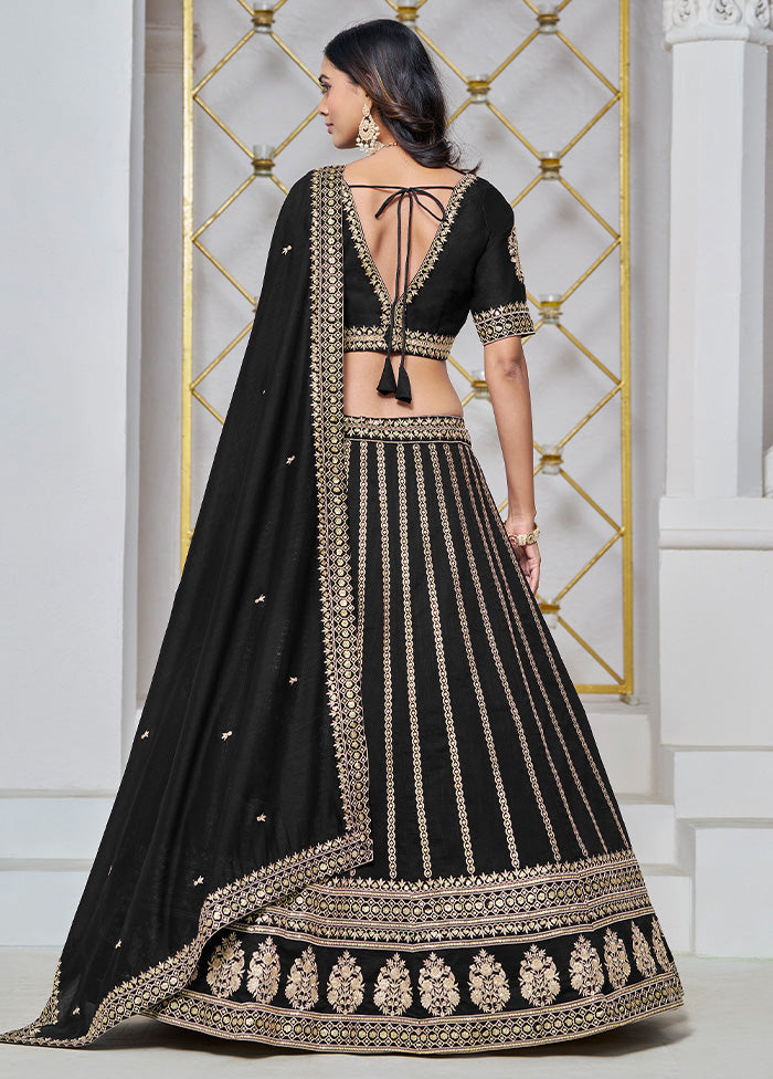 3 Pc Black Silk Semi Stitched Lehenga Set With Mastercard Online