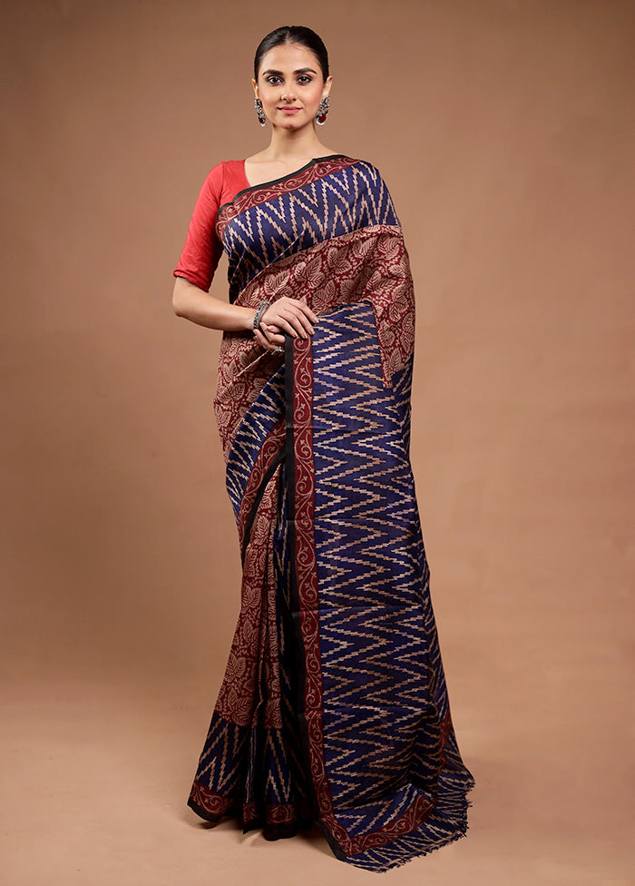 Blue Printed Pure Silk Saree Without Blouse Piece Cheap Sale 2025 Newest