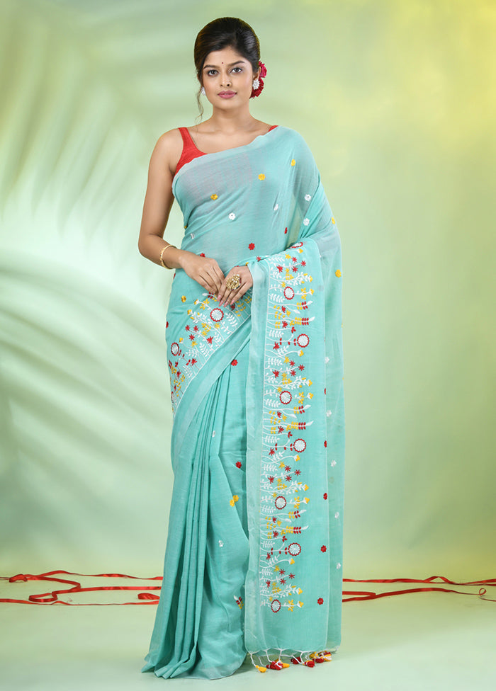 Sea Green Cotton Saree With Blouse Piece Clearance Discounts