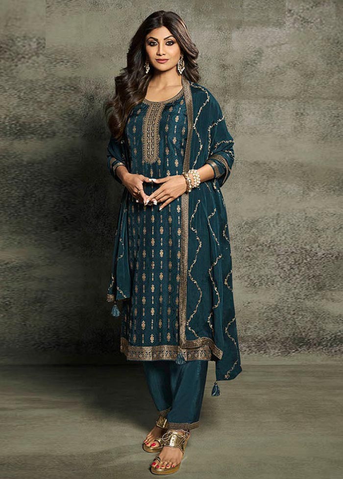 3 Pc Teal Green Semi Stitched Viscose Suit Set Collections Cheap Online