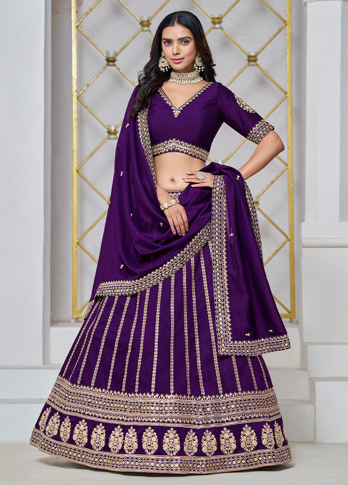 3 Pc Purple Silk Semi Stitched Lehenga Set Clearance New Arrival