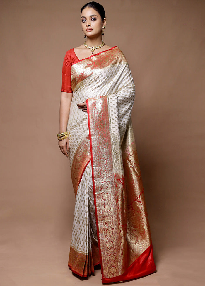 Cream Banarasi Silk Saree With Blouse Piece Release Dates Cheap Online