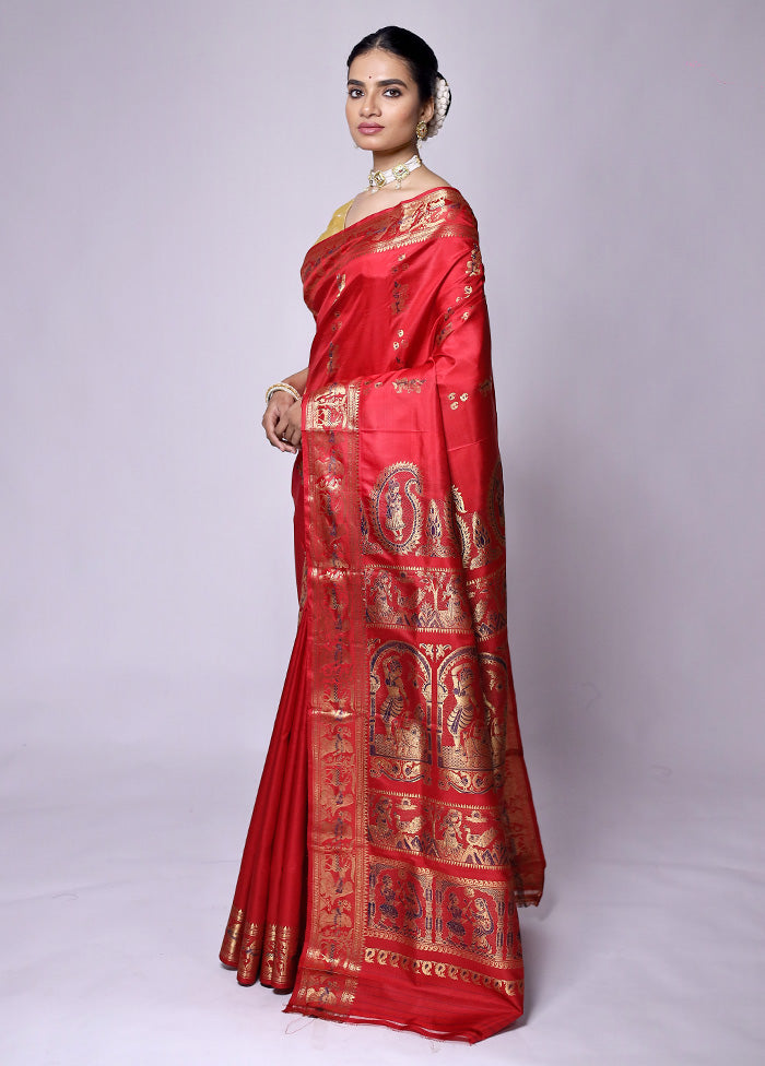 Red Handloom Baluchari Pure Silk Saree With Blouse Piece Cheap Online