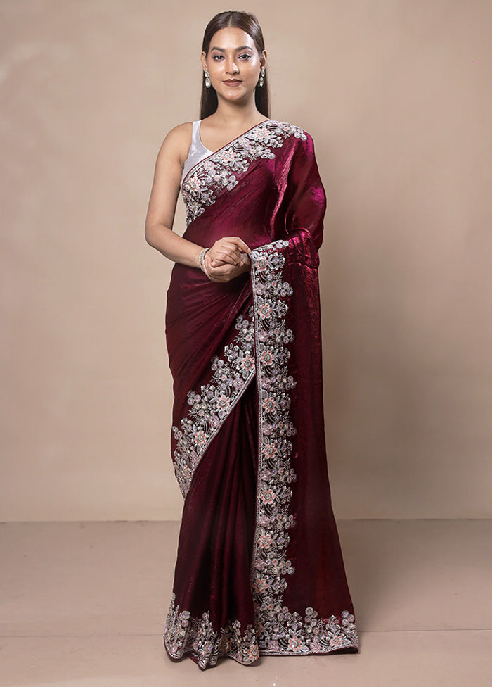 Maroon Silk Saree With Blouse Piece Big Sale Cheap Online