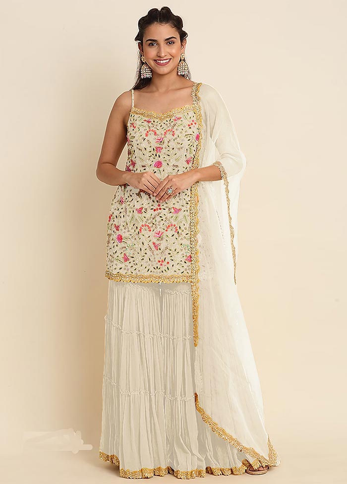 3 Pc White Semi Stitched Georgette Suit Set 100% Guaranteed