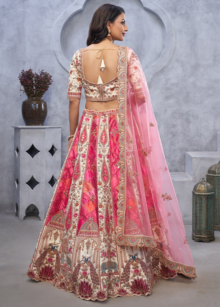 3 Pc Pink Silk Semi Stitched Lehenga Set Cheap Sale