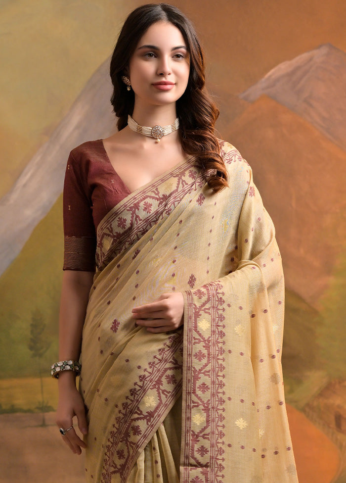 Cream Pure Cotton Saree With Blouse Piece Clearance From China