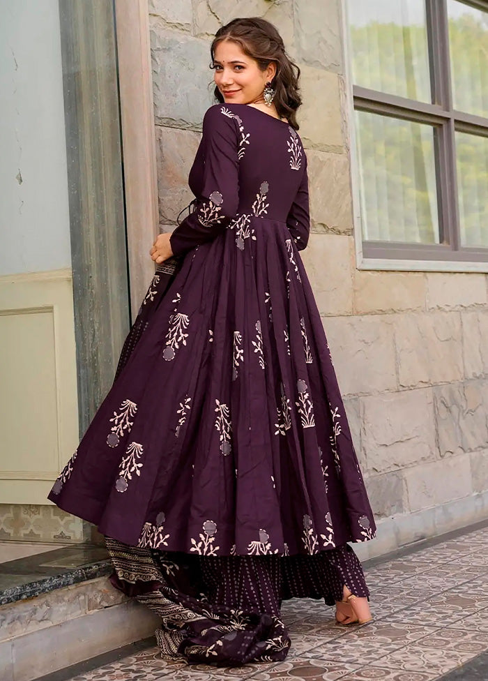 3 Pc Purple Pure Readymade Silk Dupatta Suit Set Excellent Online