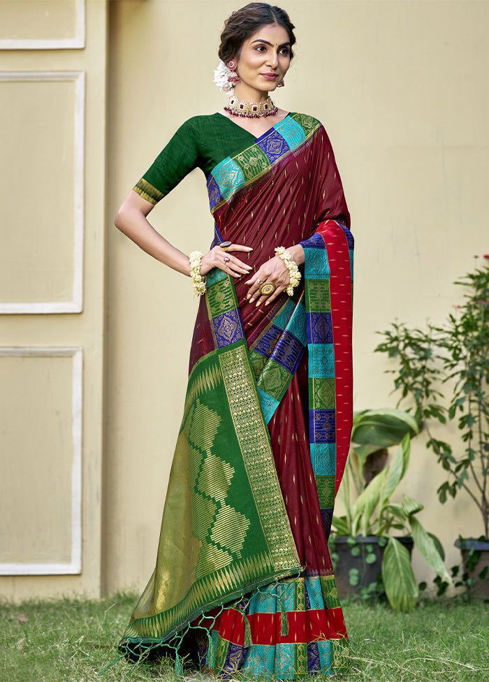 Maroon Dupion Silk Saree With Blouse Piece Clearance High Quality