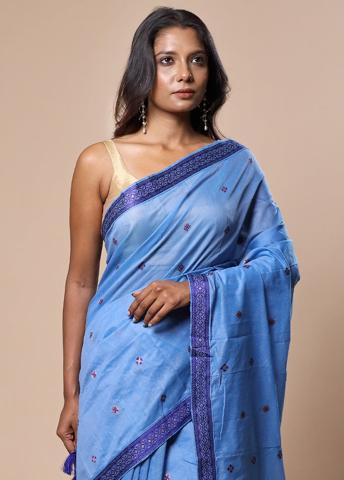 Blue Assam Silk Saree With Blouse Piece Clearance Big Sale