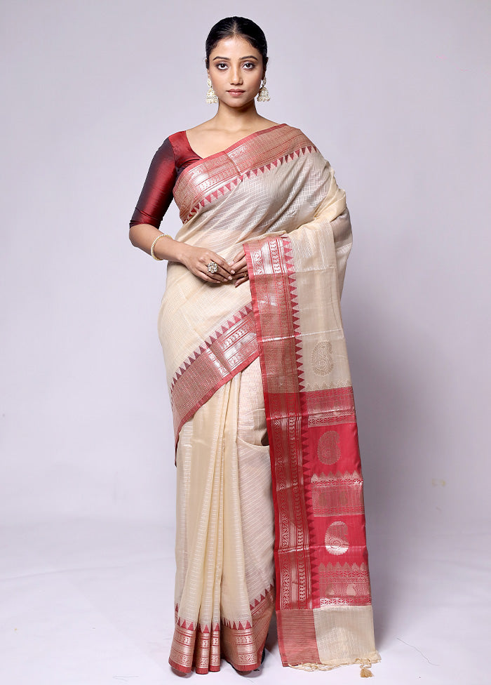 Cream Kota Cotton Saree With Blouse Piece Pay With Visa