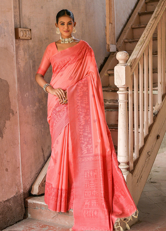 Coral Spun Silk Saree With Blouse Piece Buy Cheap Browse