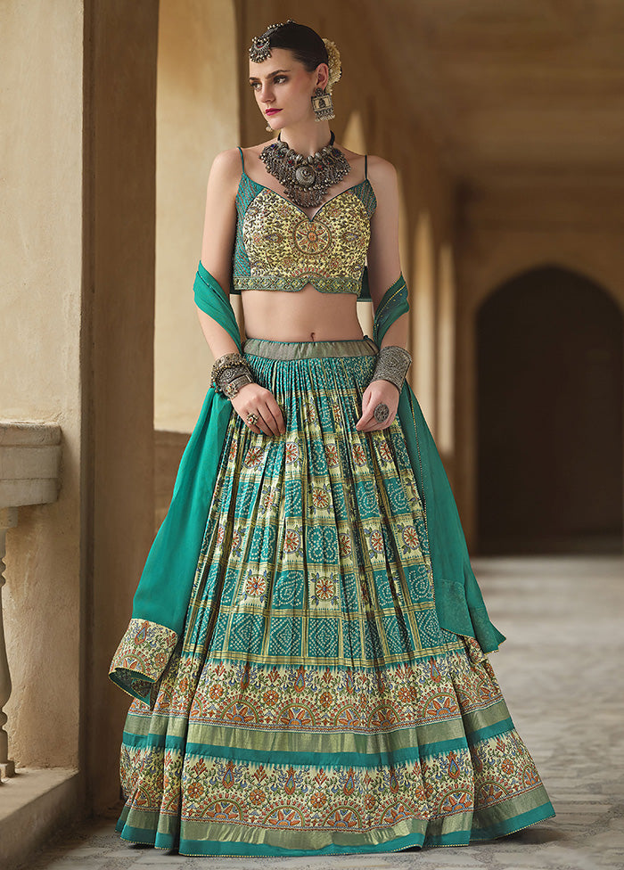 3 Pc Sea Green Silk Semi Stitched Lehenga Set Pre Order For Sale