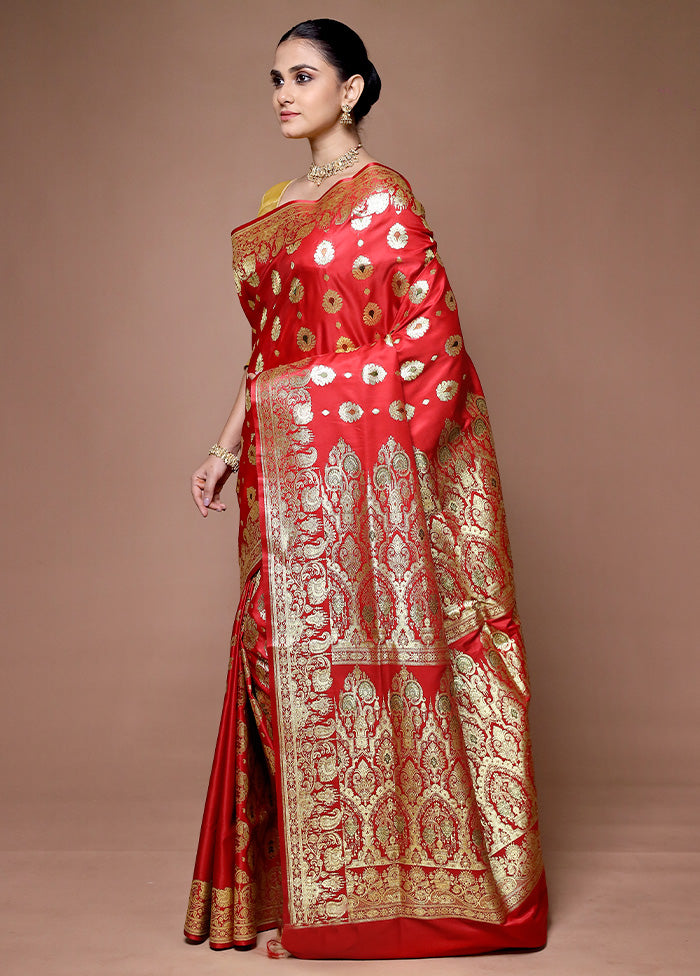 Red Banarasi Silk Saree With Blouse Piece Sale Free Shipping