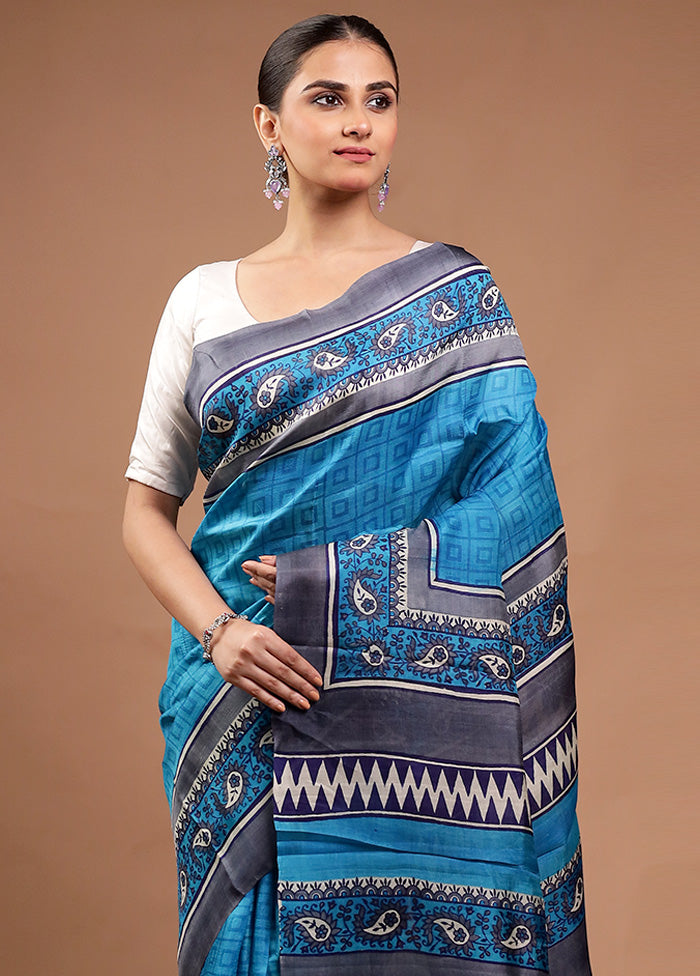 Blue Printed Pure Silk Saree Without Blouse Piece Comfortable Cheap Online