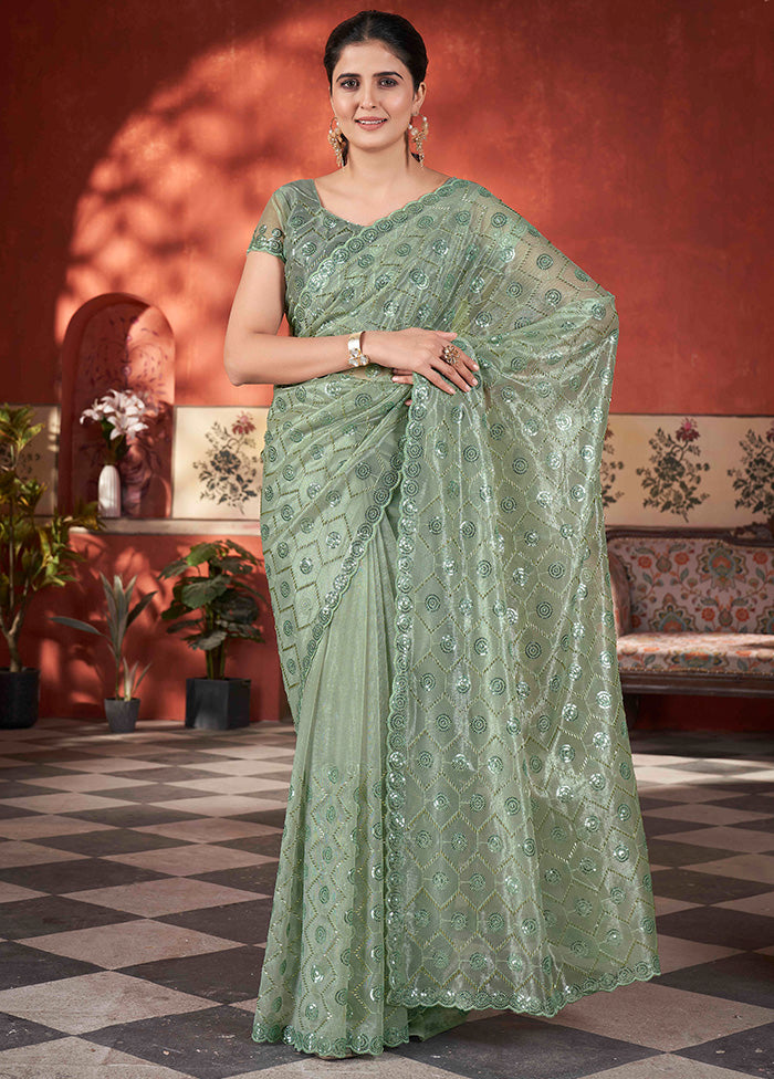 Pista Green Net Net Saree With Blouse Piece Clearance Latest